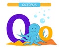 Letter O and funny cartoon octopus. Animals alphabet a-z. Cute zoo alphabet in vector for kids learning English vocabulary. Printa Royalty Free Stock Photo